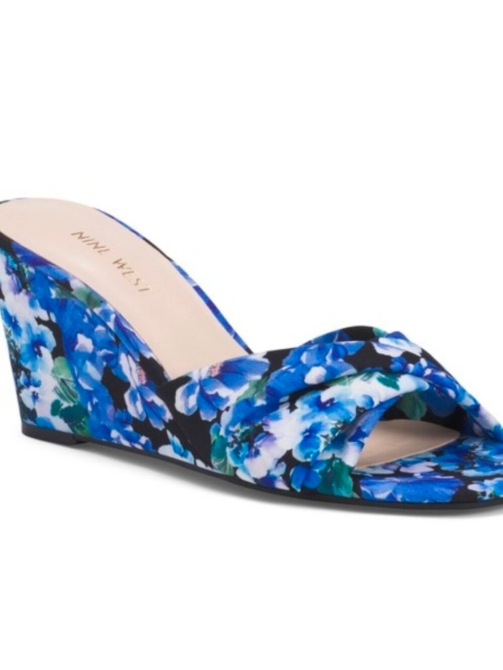 Size 8.5 Nine West Nudia Blue Floral Wedge Mules New